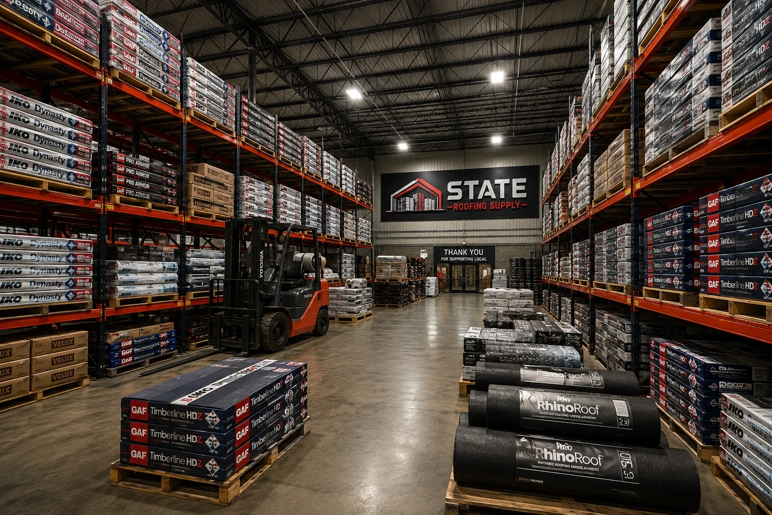 State Roofing Supply warehouse aisle with stocked roofing materials