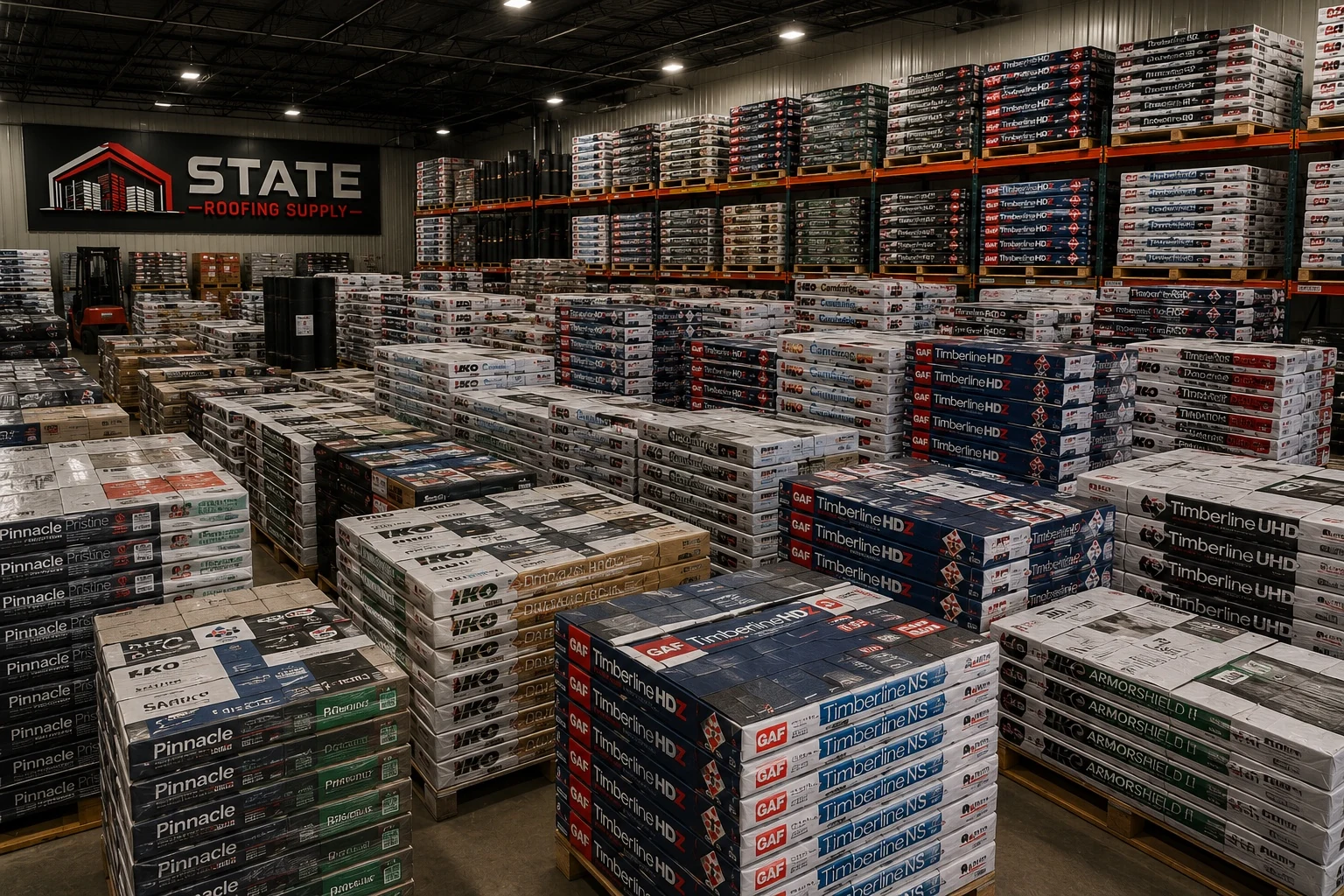 Large roofing shingle inventory inside State Roofing Supply