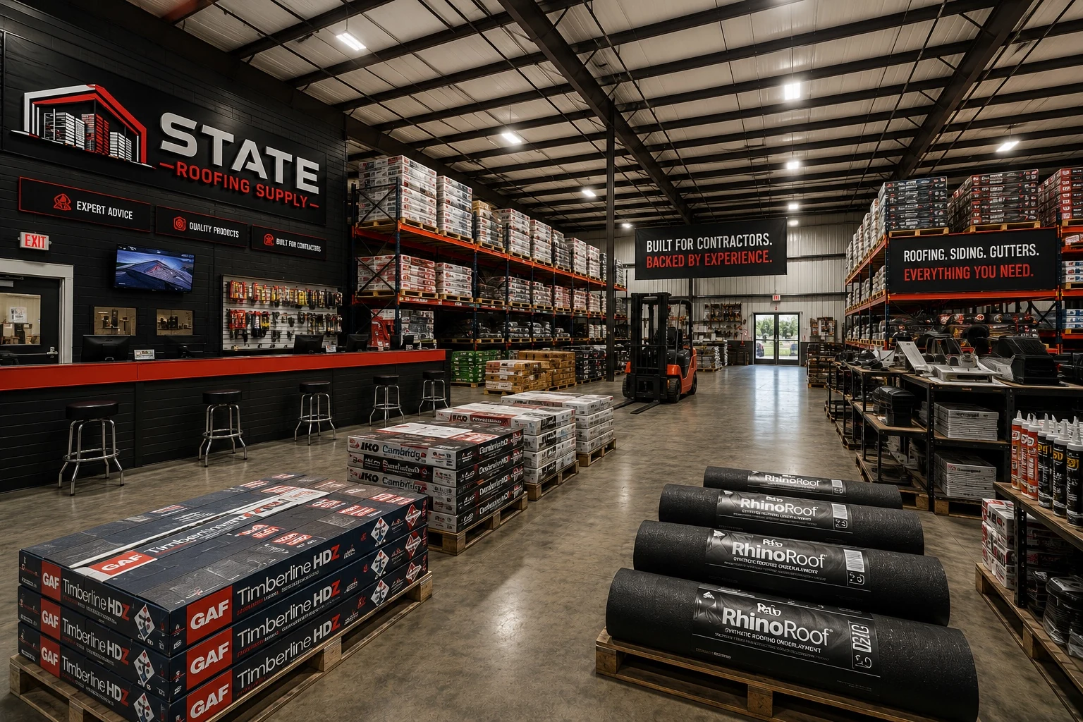 State Roofing Supply warehouse with forklift and stocked racks